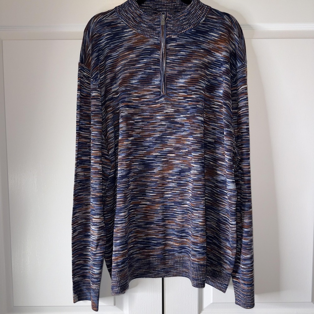 Prestige Original Sweater Mens 4XL Blue Stripe Mock Neck 1/4 Zip Knit Pullover